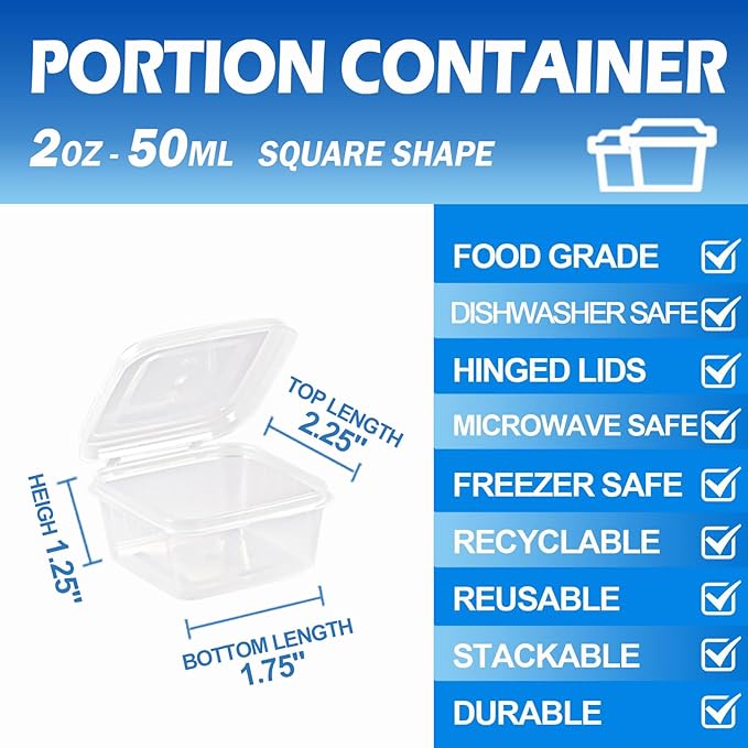 2 oz Plastic Containers with Lids (200pack), Disposable Condiment Containers with Lids, Portion Cups for Sauce, Jello Shot, Souffle (Square)