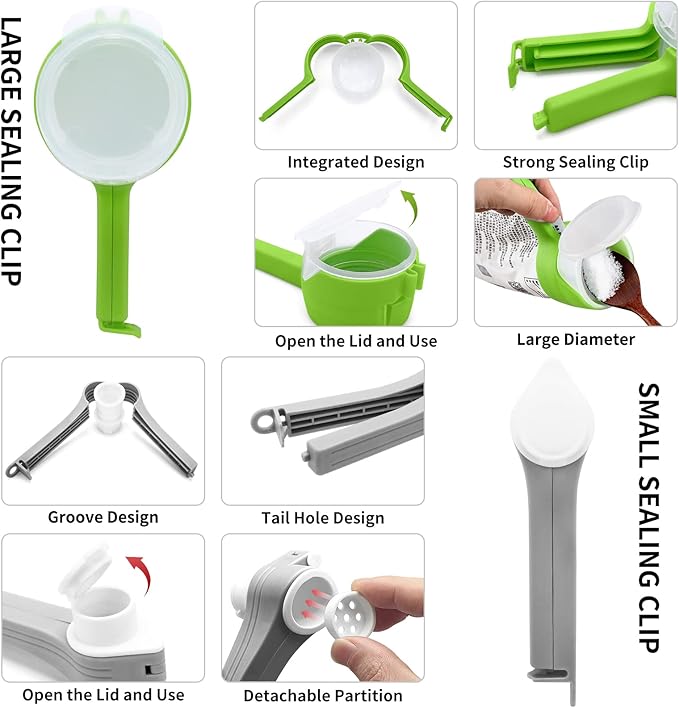 6Pcs Bag Spout Clip,Bag Clips for Food,Snack Sealing Clips with Pour Spouts,Kitchen Chip with 4pcs Adhesive Hooks, for Cereal Kitchen Food Storage Organization(2L+4S)