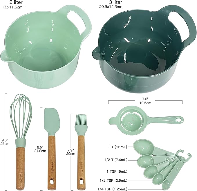 Plasic Mixing Bowls set with Baking supplies, Green Nesting Bowls with pour spout/handle, Non-Slip Base, Measuring Spoons set, Egg Whisk, Spatula & Brush, Great for Mixing, Baking, 11 Pcs