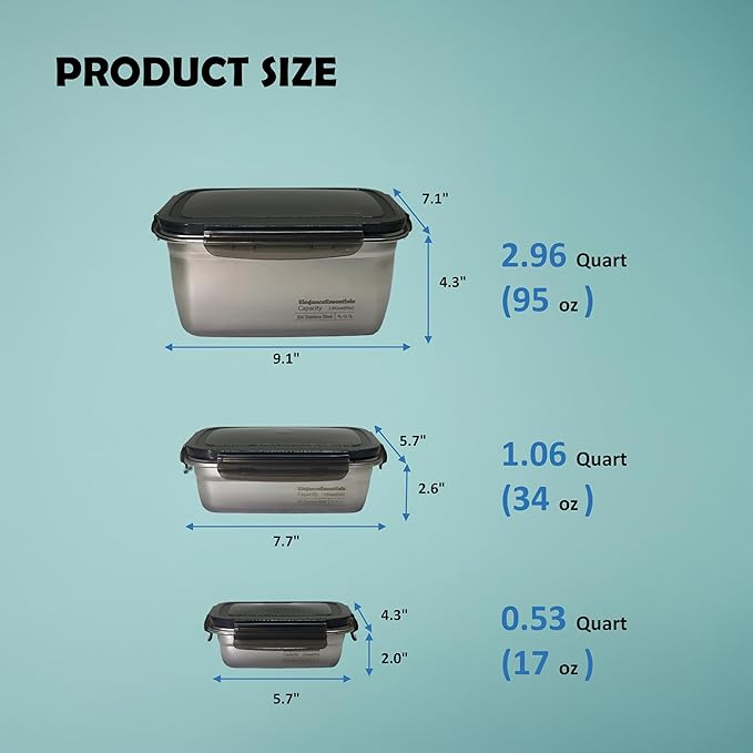 Stainless steel food storage containers leak proof & airtight lids for Kitchen,stainless steel bowl,meal prep lunch box,freezer and microwave safe (17/34/95 oz)