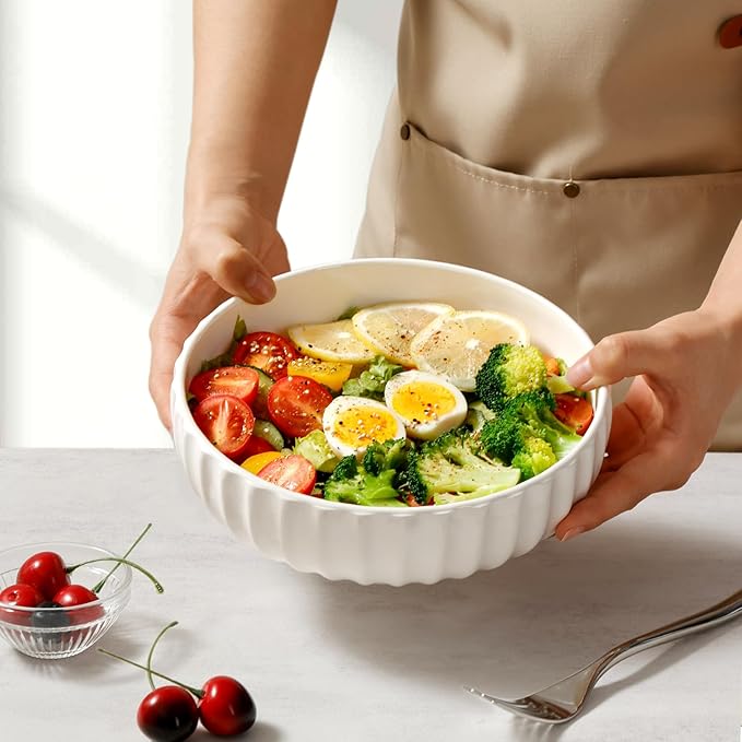 NUTRIUPS 8 in Salad Bowl, 50oz Serving Bowls for Entertaining, 2 Pack Ceramic Bowls Set for Cooking Baking, Microwavable