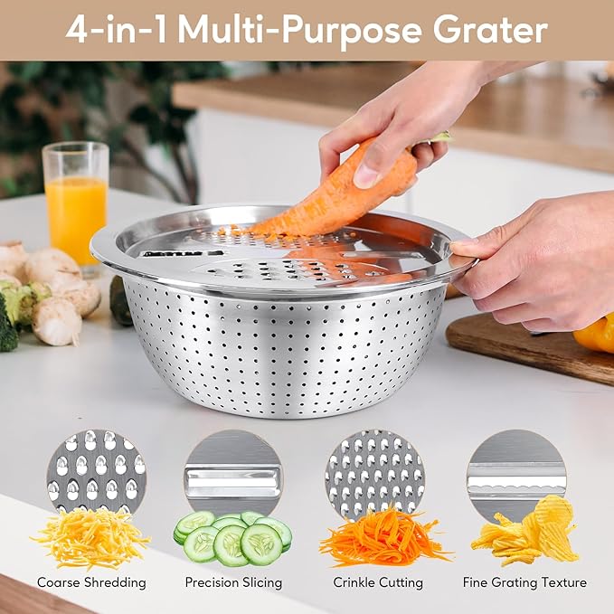 Stainless Steel Mixing Bowls with Lids - Nesting Bowl Set with Airtight Lids, Colander Bowl & Grater Plate for Kitchen Prep, Cooking, Baking, and Meal Prep (1.1QT to 6.1QT), Non-Slip, Khaki