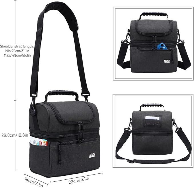 MIER 2 Compartment Lunch Bag for Men Women, Leakproof Insulated Cooler Bag for Work, Dark Grey, Medium