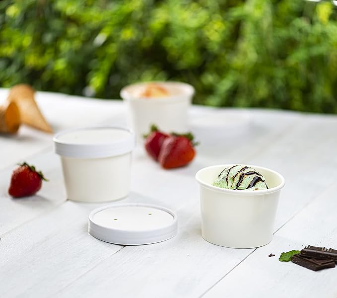 GUSTO [8 oz. - 50 Count White Paper Food Containers with Vented Lids - To Go Hot Soup Bowls, Disposable Ice Cream Cups, Ideal for Hot and Cold Foods - (Formerly Comfy Package)