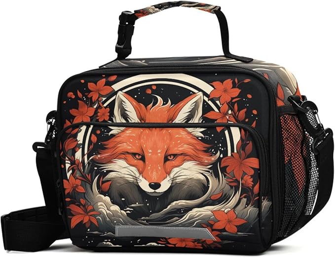 MNSRUU Student Lunch Bag Fox and Flowers Insulated DinnerTotes Picnic Bag Lunch Box with Adjustable Shoulder Strap for Teen Kids Adults