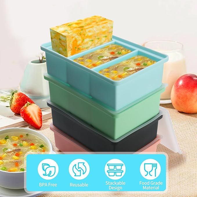 Silicone Freezer Tray with Lid - 1 Cup Silicone Food Freezer Tray - Large Ice Cube Freezer Molds - Soup, Sauce, leftovers, Homemade Meal Prep Freezing Kitchen Storage Containers - Multicolor - 8-Pack