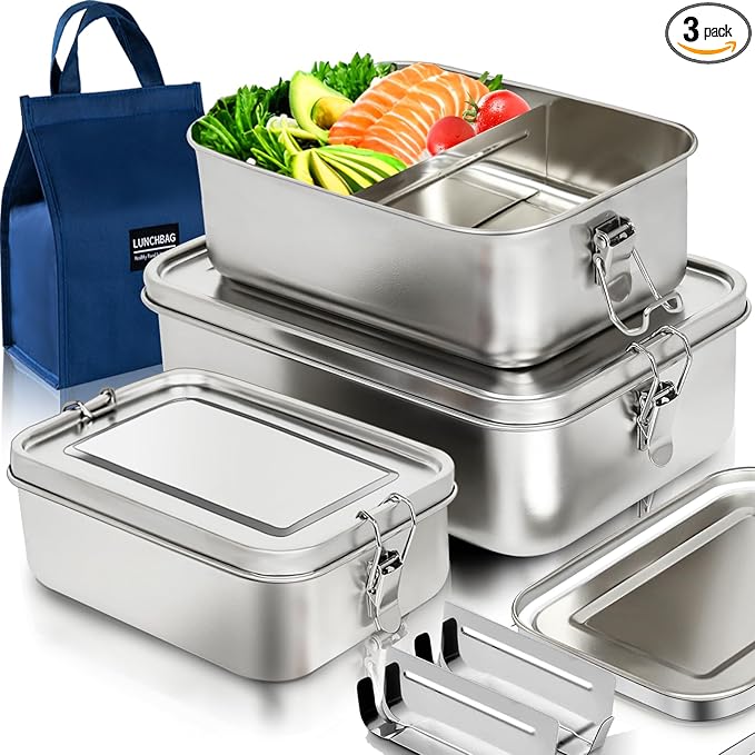 Stainless Steel Bento Box 3 Pack 304 Stainless Steel Lunch Box,Leak Proof Stainless Steel Food Containers With Lids(81oz/47oz/29oz) Stainless Steel Lunch Containers With 3 Compartments