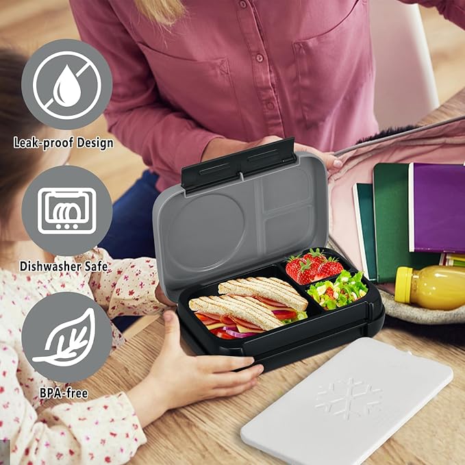 Bento Box for Kids,Kids Bento Lunch Box with Built-in Ice Pack for School,3 Compartments Leak Proof Lunch Container with Utensils for Girl Boy;BPA Free,Microwave & Dishwasher Safe, 44oz(Gray)