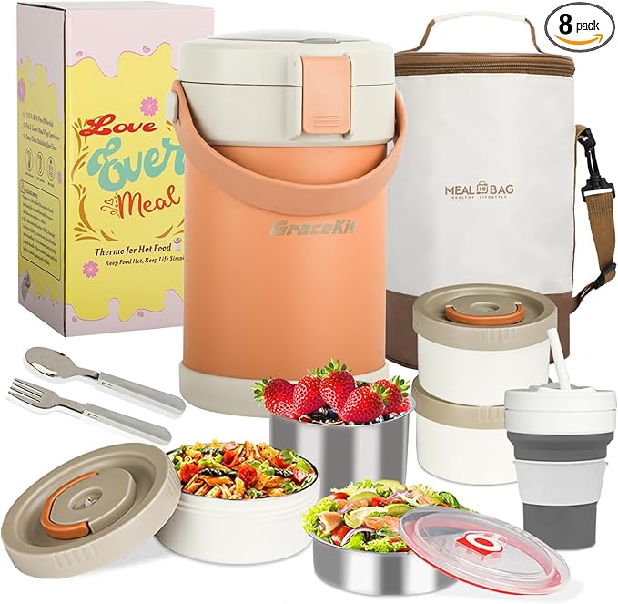 Thermo for Hot Food 3-Layer Termos Para Comida Caliente 67oz Leakproof Lunch Box for Men Women Adults - Insulated Soup Container w/Cutlery, Collapsible Cup & Thermal Bag, Office Camping Travel