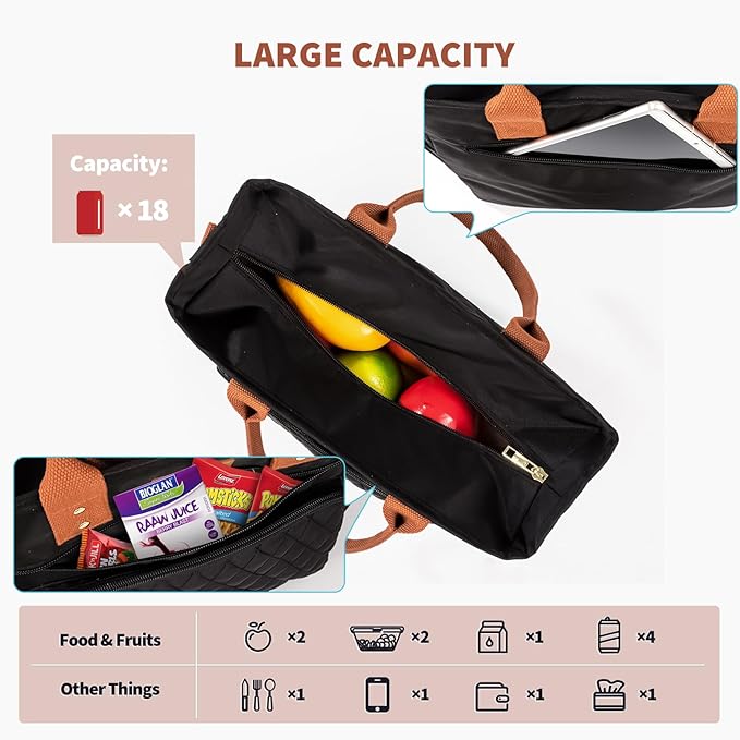 Large Women Lunch Bags for Work Insulated/Insulated Adult Lunch Box for Women/Durable Nylon Thermal cooler Bag/Leakproof Cooler Tote Bag with Storage Pocket (brown)