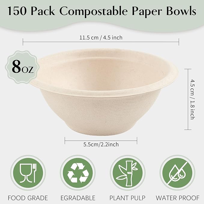 150 Pack 8 oz Paper Bowls Disposable White Small Compostable Soup Bowls Natural Bagasse Sugarcane Biodegradable Bowls for Cereals, Ice Cream, Desserts