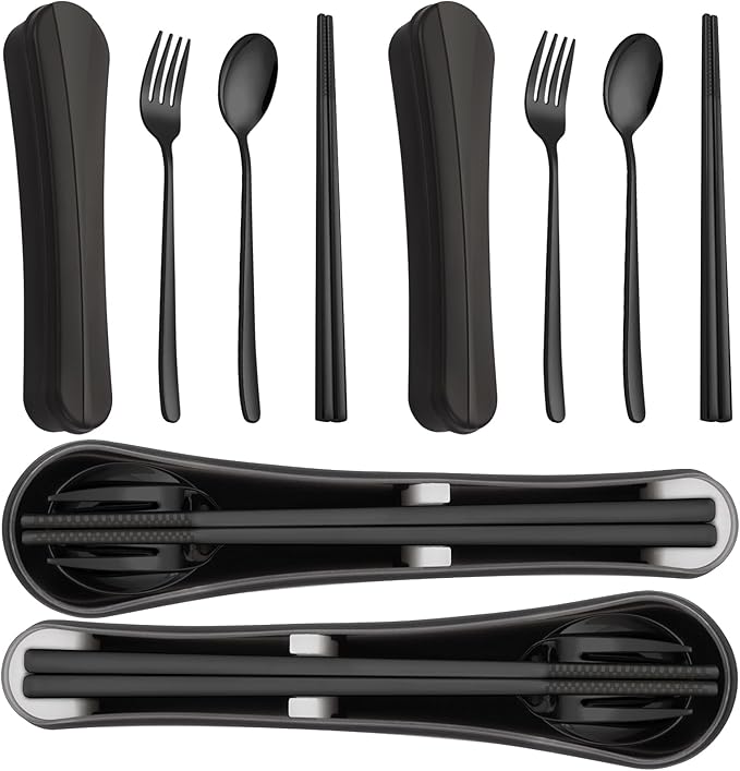 2 Pack Travel Utensils with Case, PHILIPALA Portable Reusable Silverware Set for Lunch Work Picnic, 18/8 Stainless Steel Camping Cutlery Set Includes Fork Spoon Chopsticks(Black)