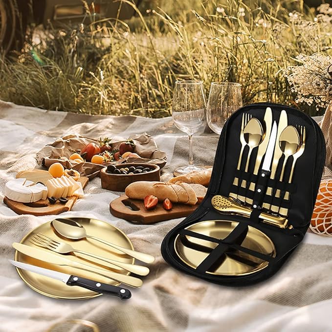 10pcs Set Of Portable Knife, Fork, Spoon, Plate, Steak Clip Set, Camping Picnic, 2 person Tableware Package, Outdoor Stainless Steel Tableware Set