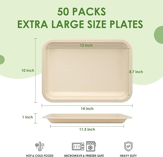 50 Pack 14 Inch Disposable Food Trays Biodegradable Heavy Duty Large Paper Plates Compostable Sugarcane Platters for Crawfish, Lobster, BBQ Seafood,Party and Holiday Feast