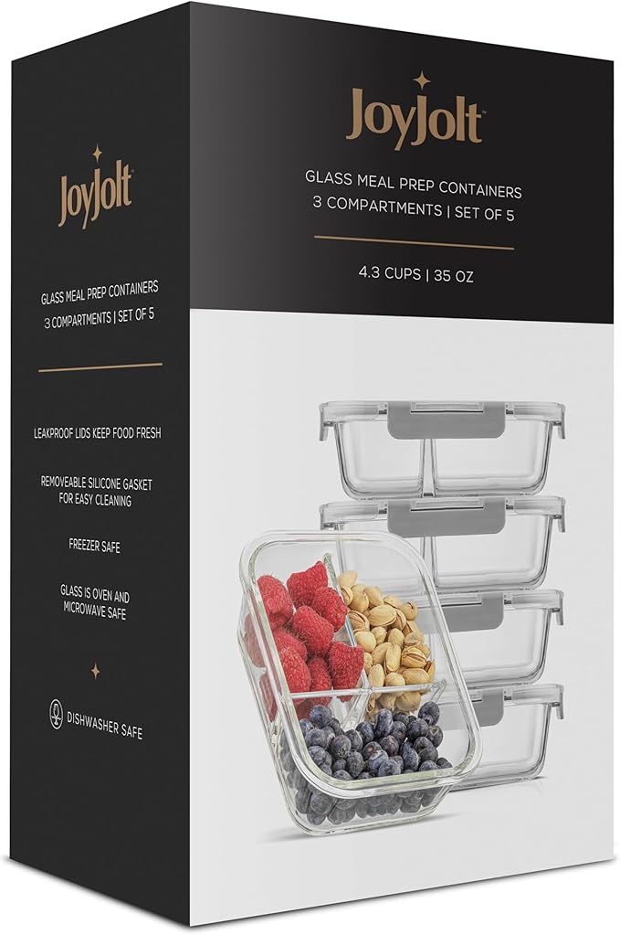 JoyJolt Divided Food Storage Containers with Lids Airtight. 5 Pack Glass Meal Prep Containers 3 Compartment Set Glass Bento Box. Reusable Food Containers, Portion Control Containers for Weight Loss