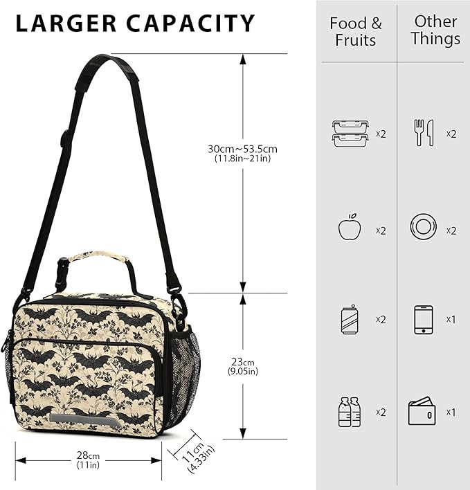 MNSRUU Student Lunch Bag Bats and Flowers Vintage Insulated DinnerTotes Picnic Bag Lunch Box with Adjustable Shoulder Strap for Teen Kids Adults