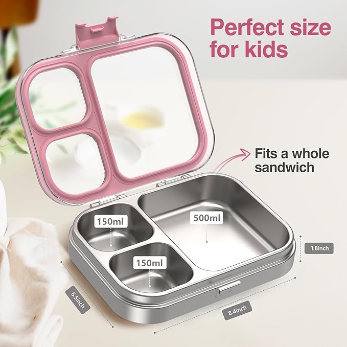 Stainless Steel Lunch Box, 3 Compartments Metal Bento Box for Kids Adults, Leak-Proof Lunch Box for School Office, Dishwasher Safe, BPA-Free, Tritan Lid, Pink