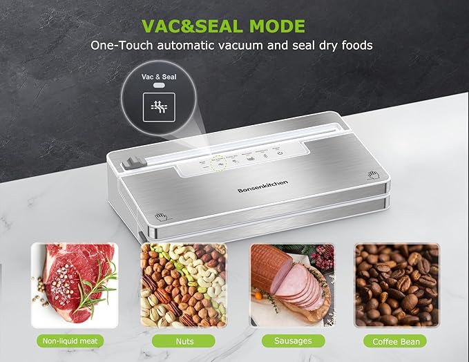 Bonsenkitchen Vacuum Sealer Machine, Stainless Steel Food Sealer Vacuum Sealers with 30 Bags & 1 Roll, 5 Food Vacuum Modes, Built-in Cutter & Bag Storage, Climate Pledge Friendly (White Silver)