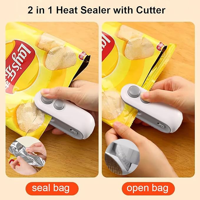 Mini Bag Sealer 2 Pack Bag Sealer with Cutter and Magnet 2 in 1 Mini Bag Resealer Machine Portable Handheld Rechargeable Heat Vacuum Food Sealer for Plastic Bags Snacks & Food Storage (2, blue)
