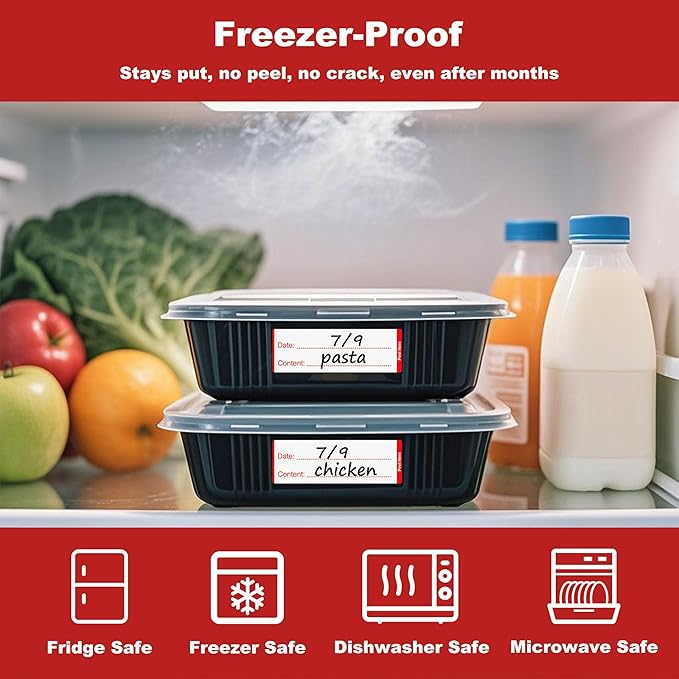 NATURALABEL 300 PCS Removable Freezer Labels with Dispenser - 1" x 3" Food Labels for Meal Prep Containers & Pantry Organizers, Easy Peel-Off Design, No Residue (Red)
