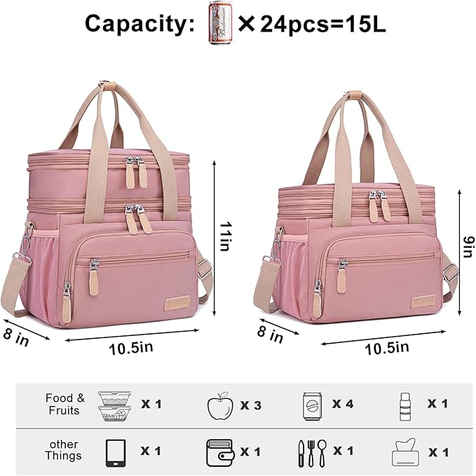 Weitars Lunch Bag for Women, Loncheras Para Mujer, Leakproof Insulated Large Lunchbox Dual Compartment Lunch Box Adult For Work Beach Picnic Hiking (15L) (Pink)