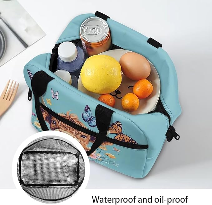 Showudesigns Highland Cow Lunch Bags for Girls 8-10 10-12 Insulated Lunch Box Women Food Cooler Tote Bags with Shoulder Straps Lunchbox Containers Butterfly Travel Bag Picnic Bags