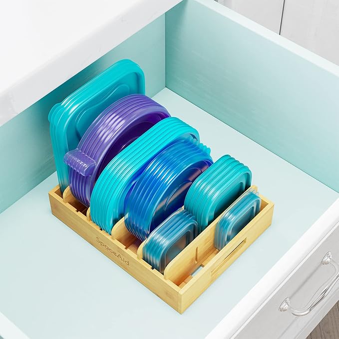 SpaceAid Bamboo Lid Organizer, Kitchen Pantry Lids Holder with 5 Adjustable Dividers for Cabinets, Food Storage Container Organizers, Natural