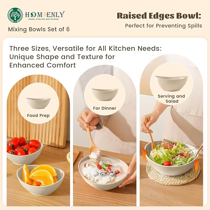 Homienly Wheat Straw Mixing Bowls, Bowls for Kitchen Set of 6, Premium Wheat Straw Mixing Bowls Set Includes 3 Size, Unbreakable Mulit Size Bowls for Salad,Serving,Cereal,Dinner,Fruit,Dessert (Beige)
