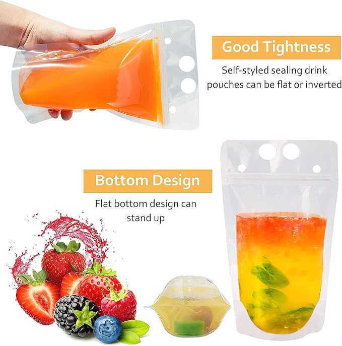 100Pcs double zip pouches drink Bags with 100 Straws,&30 Popsicle Bags Heavy-duty Handheld Foldable Ice Beverage Bags for Smoothies, Cold & Hot Drinks