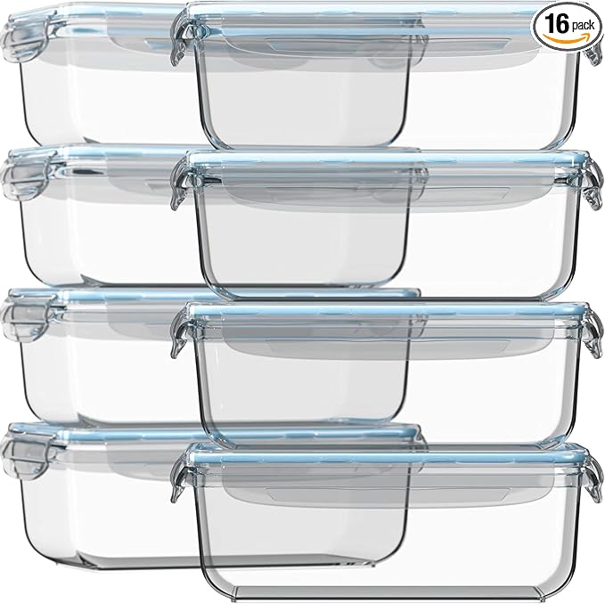 Razab 16 Pc (Set of 8) 30 Oz Glass Food Storage Containers with Lids, Airtight Large Reusable Leak Proof BPA Free Food Prep Containers, Freezer to Oven Safe