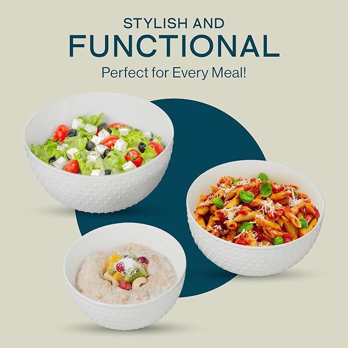 Gibson Elite 3-Piece Stoneware Mixing Bowl Set, 6.8", 8", 9.8" - Modern Stoneware Dishware, Dishwasher Safe & Microwave Safe - Space-Saving & Stackable Bowl Set for Cooking, Baking, Serving (White)