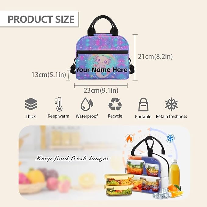 Showudesigns Custom Lunch Bags for Women Cute Axolotl Lunch Box Girls Personalized Insulated Lunch Bags Rianbow Thermal Meal Tote Kit with Zipper Add Your Name Back To School Crossbody
