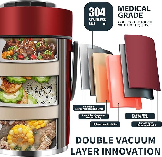 67oz Thermos for Hot Food,3-Layer Sealed Stackable Food Thermos,with Lunch Bag Soup Thermos Wide Mouth,It Is Suitable for Daily Office Meals, and Outdoor Meals (Red)
