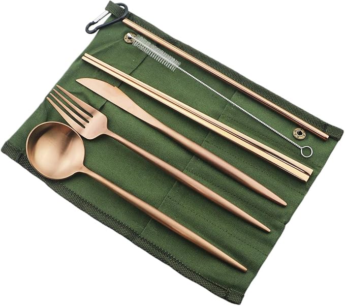 Reusable Travel Utensils, 7 Piece Portable 304 Stainless Steel including Knife Fork Spoon Chopsticks Cleaning Brush Straws Portable Pouch, Eco-friendly Camping Silverware Set, Dishwasher Safe