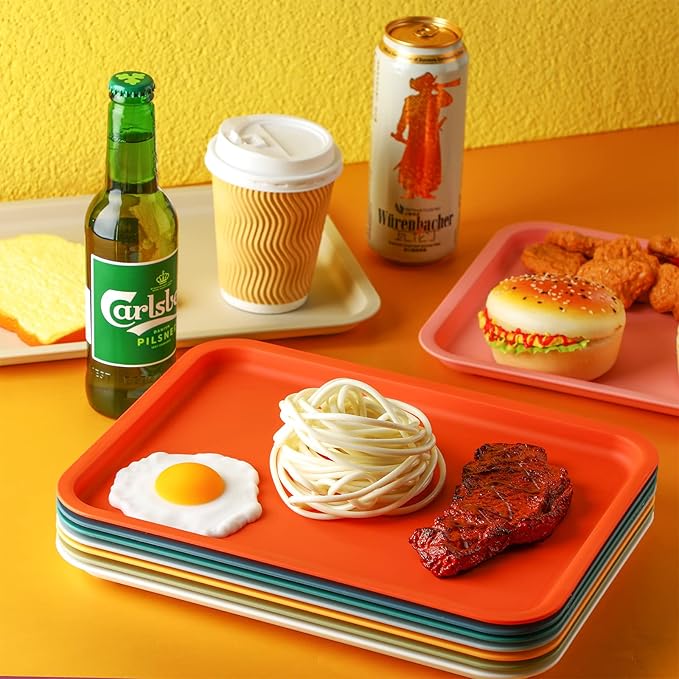 18 Pcs Plastic Fast Food Trays Bulk Colorful Restaurant Serving Cafeteria Grill School Lunch Trays Rectangular Serving Platter for Kitchen Hotel Restaurant, 9 Colors (9 x 12 Inch)