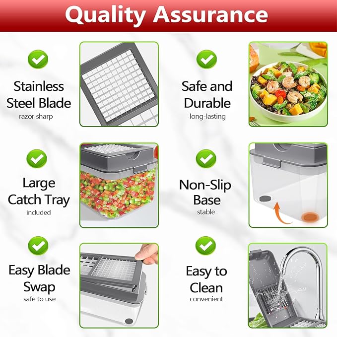 Vegetable Chopper, Onion Chopper Dicer, Mandoline Slicer with Container, Vegetable Cutter for Salad Potato Carrot Garlic(2 Blades, Grey)