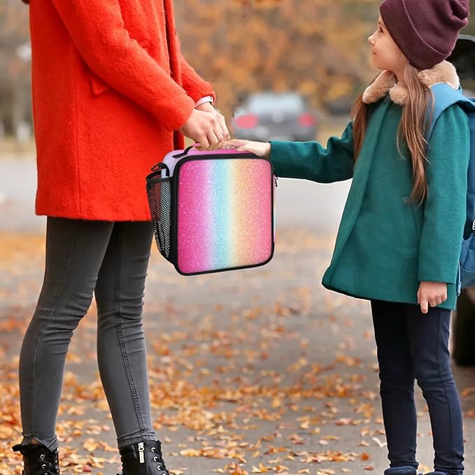 Pardick Lunch Box Rainbow Pink Glitter Insulated Lunch Bag Lunchbox with Adjustable Shoulder Strap Waterproof Cooler Bags for Travel/Picnic/Beach