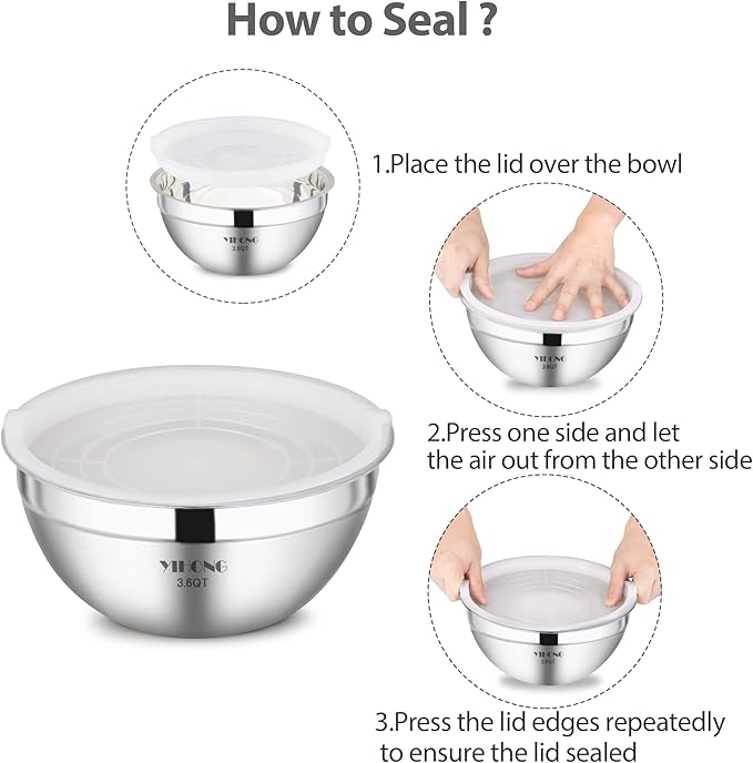 YIHONG 7 Piece Metal Mixing Bowls with Lids for Kitchen, Stainless Steel Set Ideal for Baking, Prepping, Cooking and Serving Food, Nesting Design for Space Saving Storage(White)