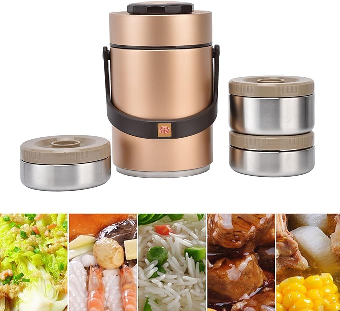 Yosoo Thermos for Hot food Wide Mouth Lunch Box, 2000ml 3-Layer Stackable Insulated Food Container Reusable Leak Proof Soup Food Jar for Warm/Cool Food Daily Office Travel Picnic Outdoor Meals(Gold)