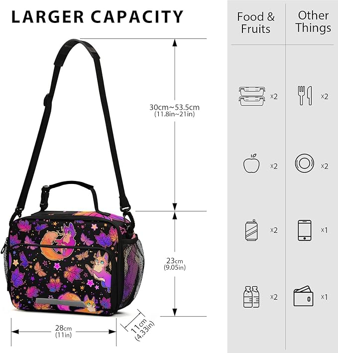 Psychedelic Fox Cat Lunch Box for Girls Purple Insulated Lunch Bag Kids Boys Cooler Tote Shoulder Strap Reusable School Travel Picnic