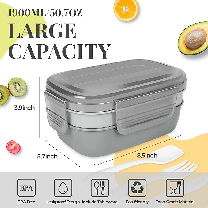 Bento Box Adult Lunch Box, 3-in-One Stackable Lunch Box Kids, 8 Compartments & Utensil Set Bento Lunch Box for Kids/Adults, Leak-Proof Bento Boxes for Work, Picnic, School (Gray)