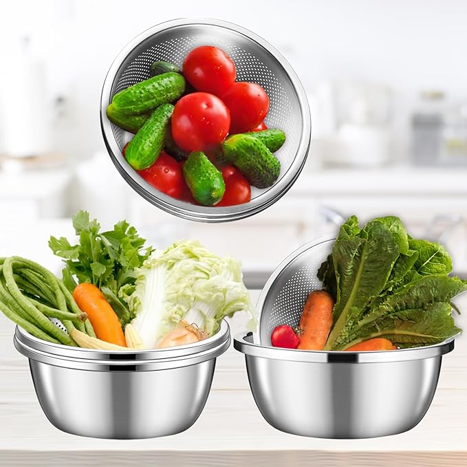 salad-bowls,5PCS Meal Prep Stainless Steel Mixing Bowls Set, and Kitchen Food Storage Organizers | Ecofriendly, Cooking and Storage Nesting Dough, Kitchen Stainless Steel Microporous Colander
