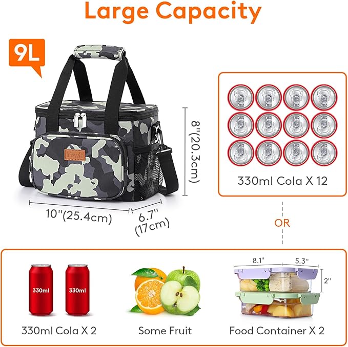 Lifewit Large Lunch Bag Insulated Lunch Box Soft Cooler Cooling Tote for Adult Men Women, Camouflage 12-Can (9L)