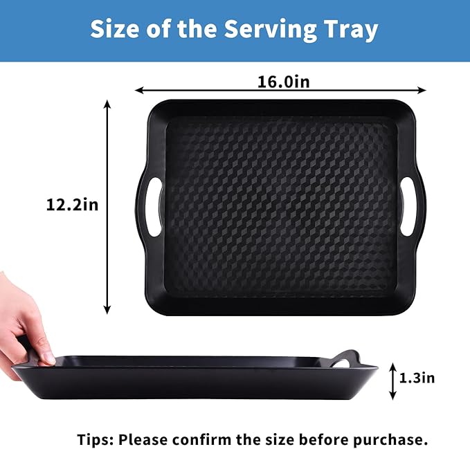 Plastic Tray with Handles, 2 Pack Multi-Purpose Rectangular Non Slip Restaurant Serving Trays Set for Parties, Coffee Table, Kitchen (12.2x16 inch)