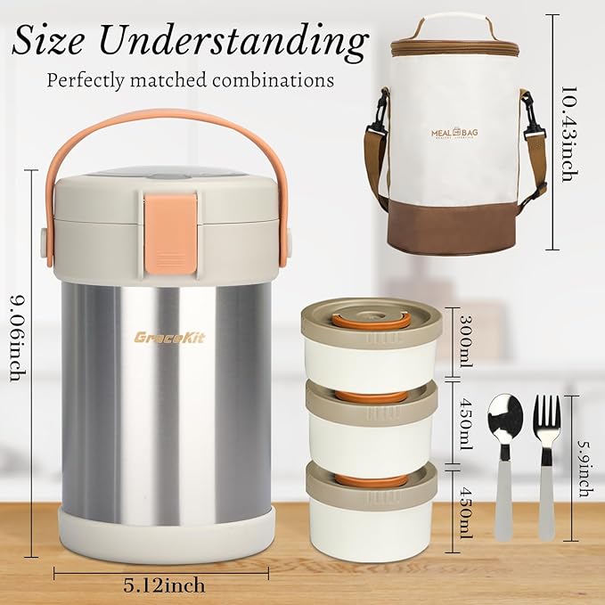 Thermo for Hot Food 3-Layer Termos Para Comida Caliente 67oz Leakproof Lunch Box for Men Women Adults - Insulated Soup Container w/Cutlery, Collapsible Cup & Thermal Bag, Office Camping Travel
