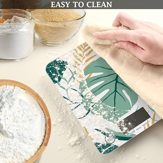 Food Scale Kitchen Digital Scale Food Ounces and Grams Dieting Baking Cooking Waterproof Glass Panels LCD Display,4 Units Scale Tare Function Palm Leaves