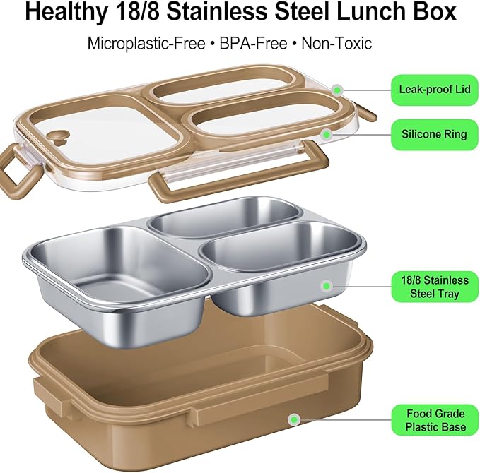 Stainless Steel Lunch Box for Kids & Adults - 25 oz - Leakproof 3 Compartment Metal Lunch Container - 18/8 Stainless Steel Bento Box - Ideal for School, Office & Outdoor - Dishwasher Safe (Khaki)