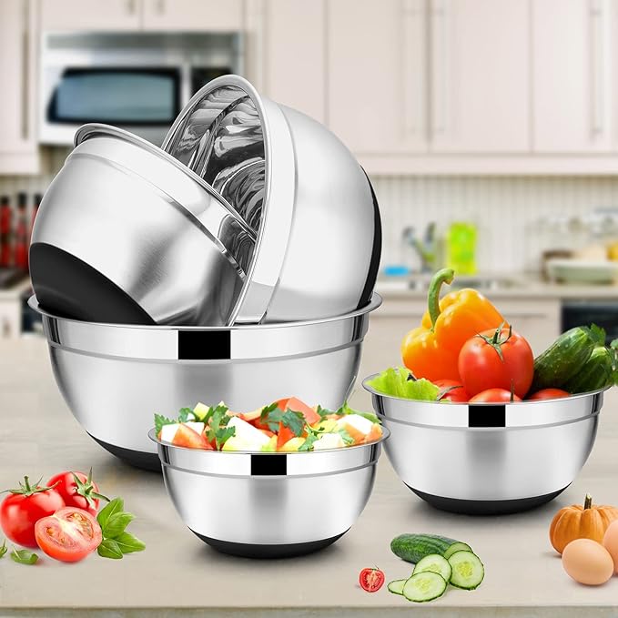 E-far 22-Piece Mixing Bowls with Black Lids & Accessories Set, Stainless Steel Nesting Bowls with Covers & Non-Slip Bottoms, Metal Bowls for Cooking/Baking/Serving/Storage - Size 7/3.5/2.5/1.5/1 QT