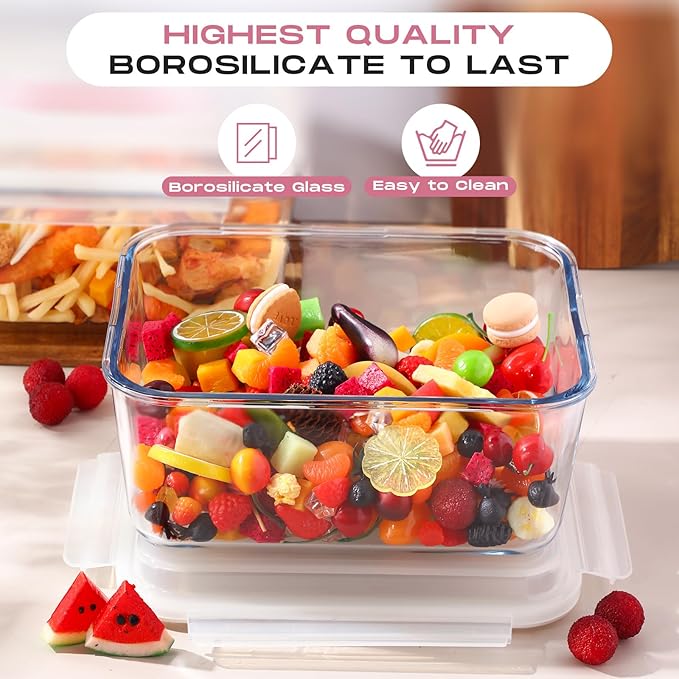 2 Pcs 6500 ML/ 220 oz/ 28 Cup Large Glass Food Storage Containers with Airtight Locking Lid Ideal Storing Food Vegetables Fruits Baking Casserole Lasagna Roasting Turkey, Transparent