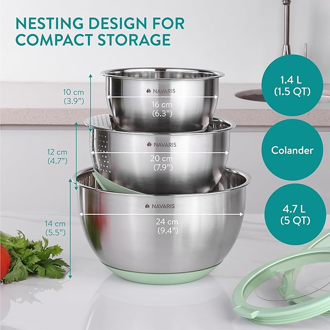 Navaris Set of 3 Stainless Steel Bowls with Lids & Colander - Large & Small Bowl with Lid & Non-Slip Base - Ideal for Mixing, Baking, and Serving Salad & Fruit - Metal & Mint Green
